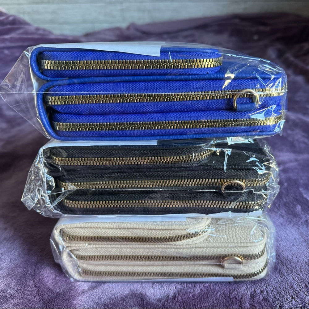 Trio of Quilted Leather Cross Body Bags in Royal Blue, Black, and Biege